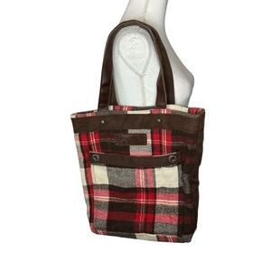 Abercrombie & Fitch Wool Blend Plaid Tote Bag Red Cream Brown